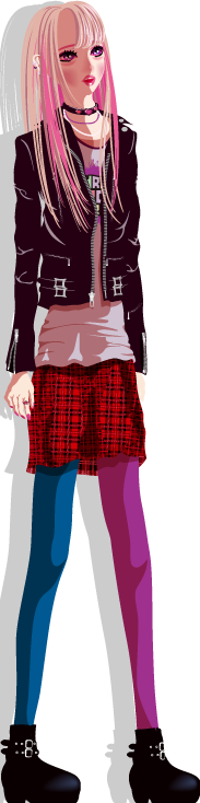 質問する革ジャンとチェックスカートコーデな女性のイラスト